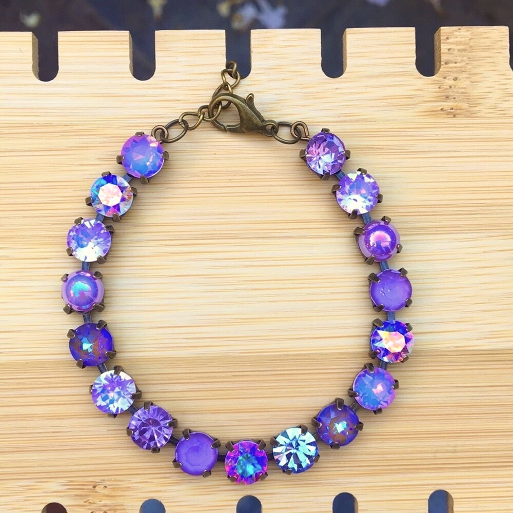 Amethyst, Violet, + iridescent Purple Opal Antique Brass Crystal Tennis Bracelet - Picture 8 of 17
